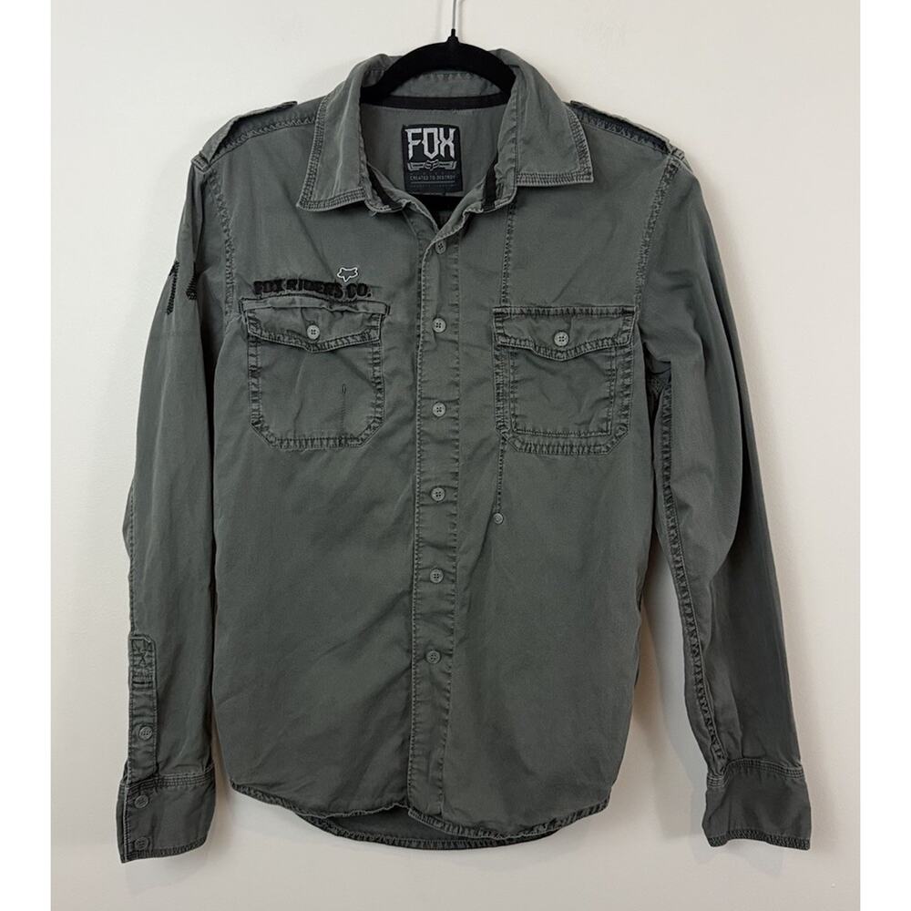 Fox Racing Co Military Style Button Up Shirt Men’s Small Gray Sleeve Patch Moto